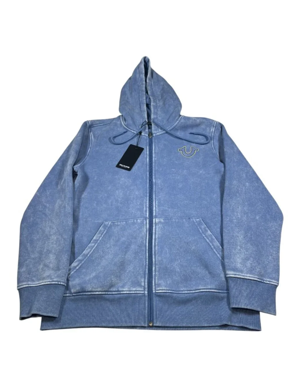 True Religion Mens Blue Washed Full Zip Pullover Hoodie Size Medium NWT